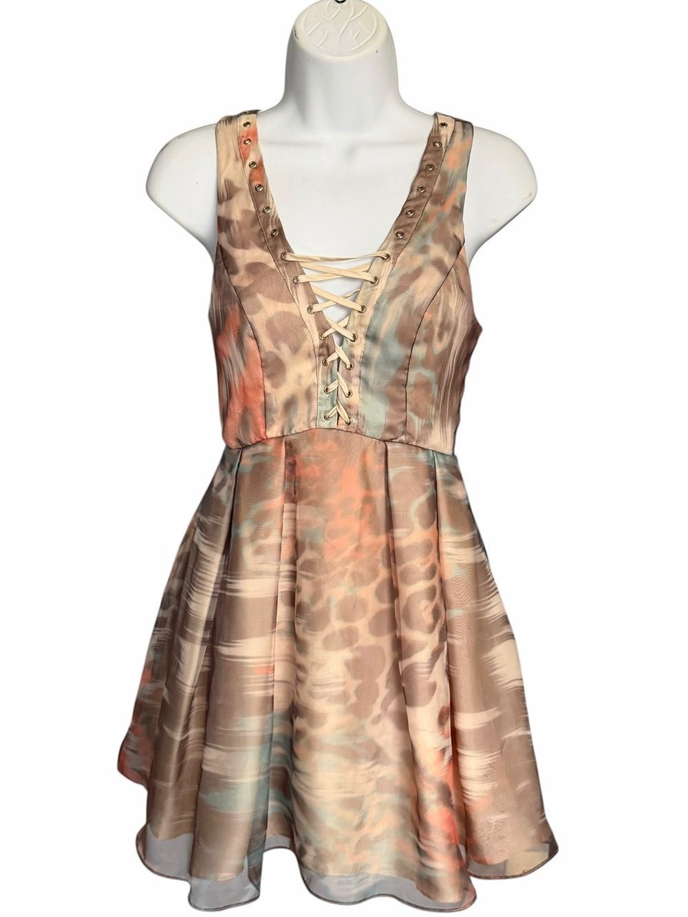 BEBÉ Lace-Up Abstract Print Fit & Flare Dress Size 2